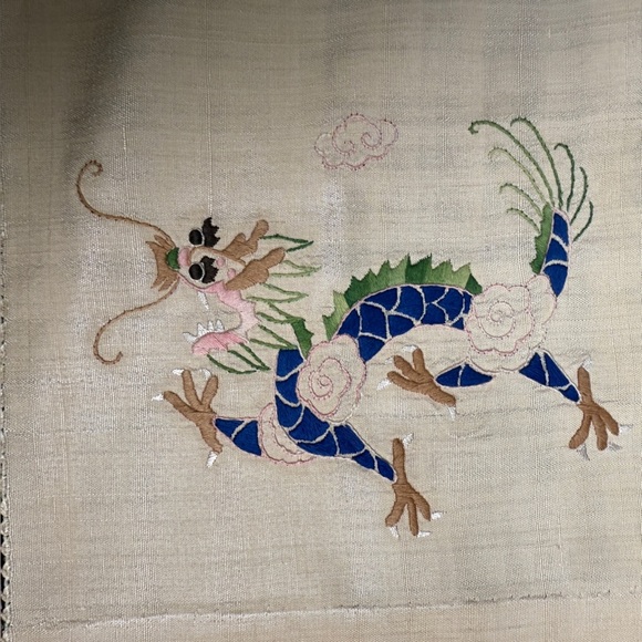 Embroidered Dragons Tan Square 47"X47" Tablecloth ( Believe it to be Silk) - Picture 5 of 9